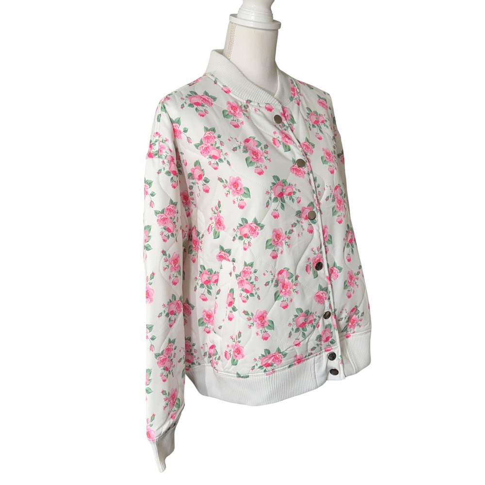 Mainstrip Women's Quilted Floral Bomber Jacket Pink Rose Snap Front White Size M - Picture 10 of 11